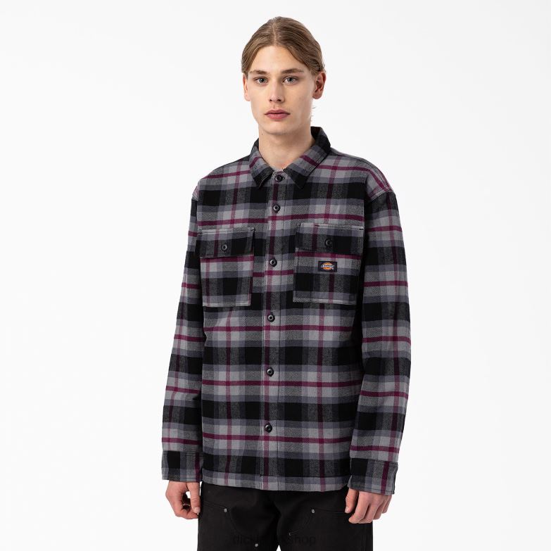 Flannel Quilted Lined Shirt Jacket Men Dickies Black Wine Grey Plaid (APW) 88T841113 Apparel