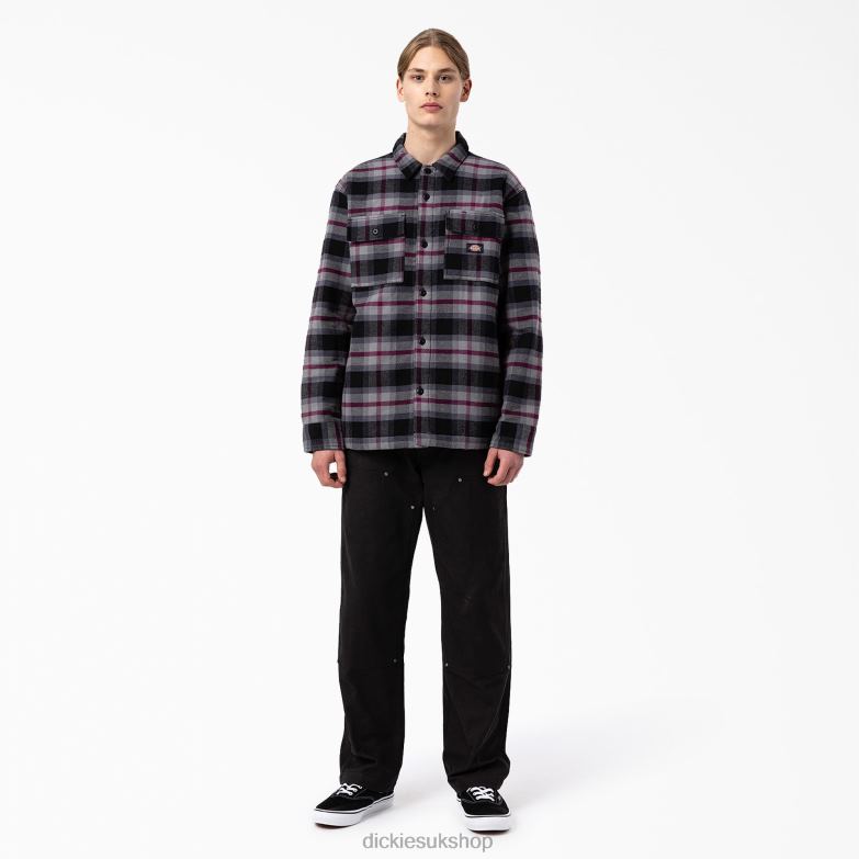 Flannel Quilted Lined Shirt Jacket Men Dickies Black Wine Grey Plaid (APW) 88T841113 Apparel