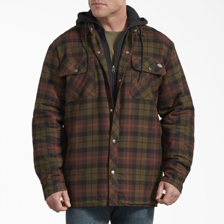 Relaxed Fit Icon Hooded Quilted Flannel Shirt Jacket Men Dickies Chocolate Tactical Green Plaid (POC) 88T841008 Apparel