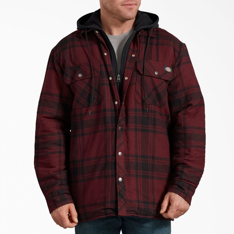 Relaxed Fit Icon Hooded Quilted Flannel Shirt Jacket Men Dickies Dark Port Black Plaid (PBP) 88T841007 Apparel