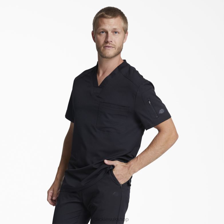 Dynamix V-Neck Scrub Top with Zipper Pocket Men Dickies Black (BLK) 88T841246 Apparel