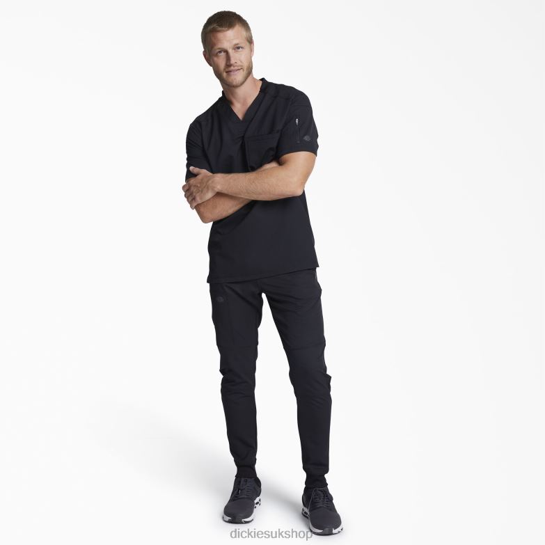 Dynamix V-Neck Scrub Top with Zipper Pocket Men Dickies Black (BLK) 88T841246 Apparel