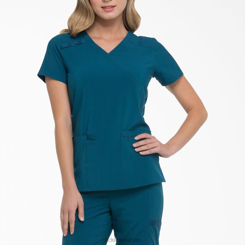 EDS Essentials Mock Wrap Scrub Top Women Dickies Caribbean Blue (CRB) 88T842635 Apparel