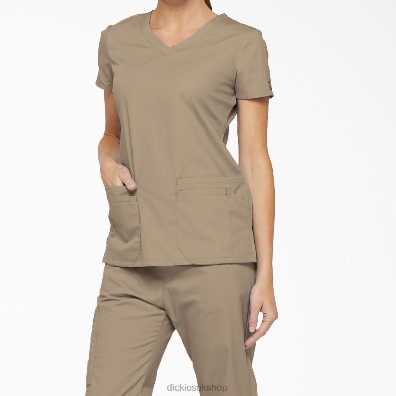 EDS Signature V-Neck Scrub Top with Pen Slot Women Dickies Khaki (KHA) 88T842417 Apparel