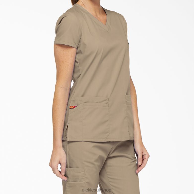 EDS Signature V-Neck Scrub Top with Pen Slot Women Dickies Khaki (KHA) 88T842417 Apparel