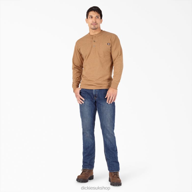 Long Sleeve Heathered Heavyweight Henley T-Shirt Men Dickies Brown Duck Heather (BDH) 88T84774 Apparel