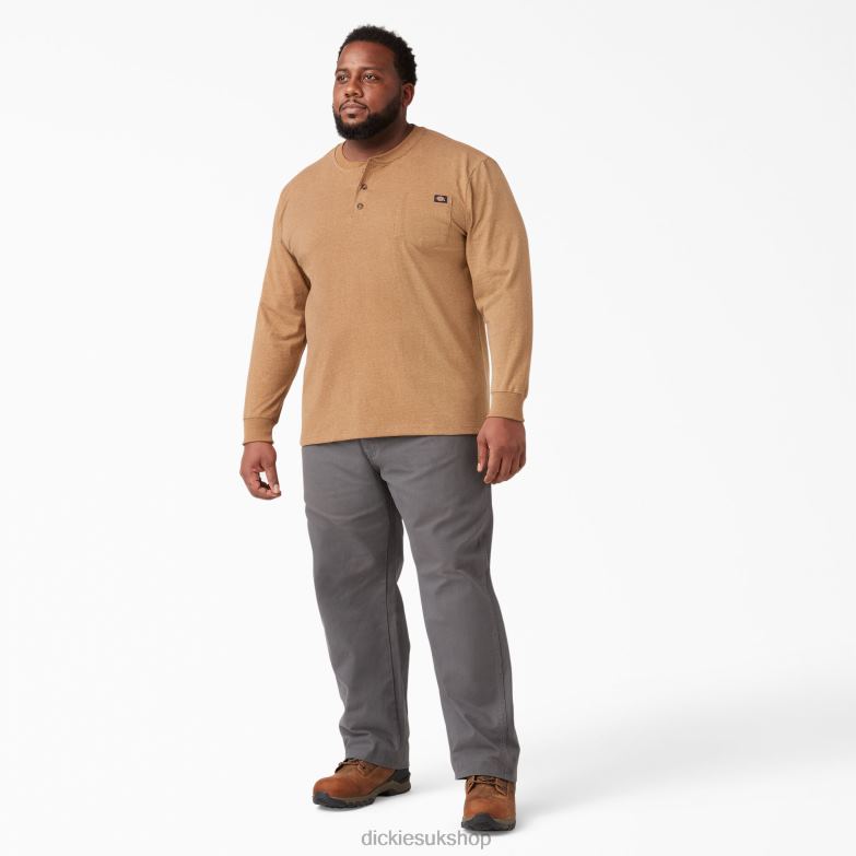 Long Sleeve Heathered Heavyweight Henley T-Shirt Men Dickies Brown Duck Heather (BDH) 88T84774 Apparel