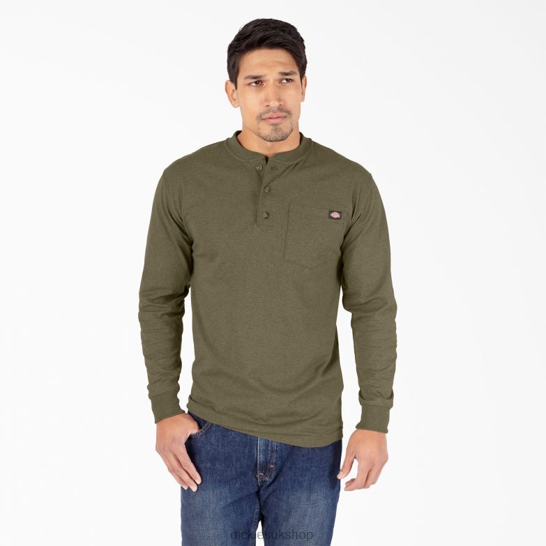 Long Sleeve Heathered Heavyweight Henley T-Shirt Men Dickies Military Green Heather (MLD) 88T84776 Apparel