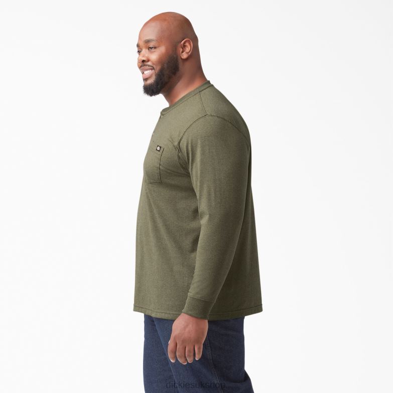 Long Sleeve Heathered Heavyweight Henley T-Shirt Men Dickies Military Green Heather (MLD) 88T84776 Apparel