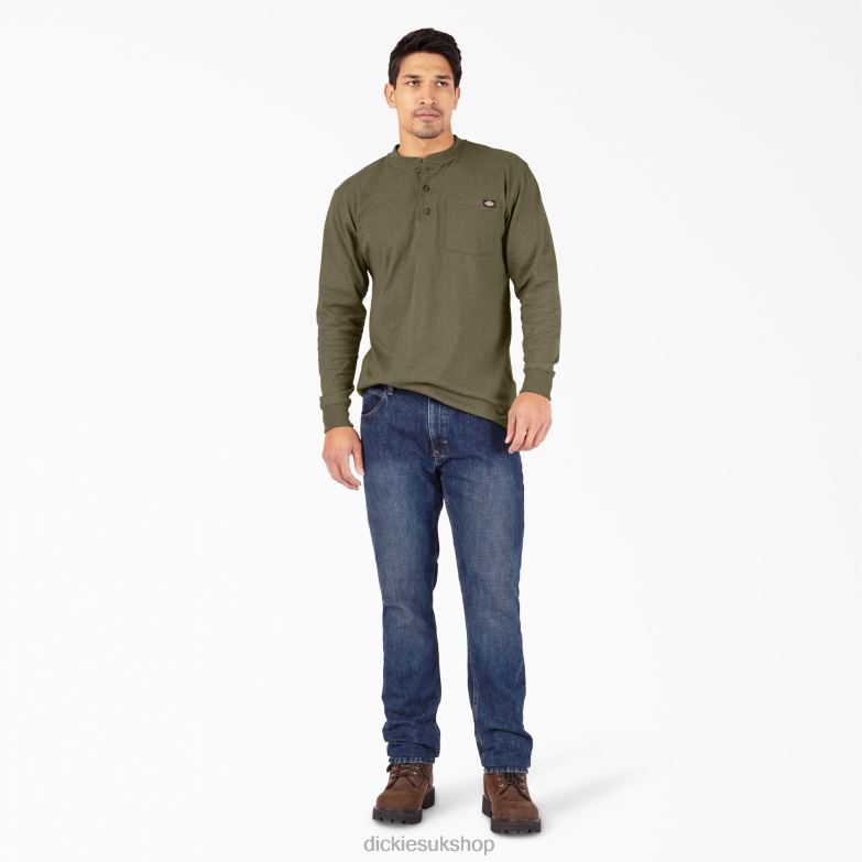 Long Sleeve Heathered Heavyweight Henley T-Shirt Men Dickies Military Green Heather (MLD) 88T84776 Apparel