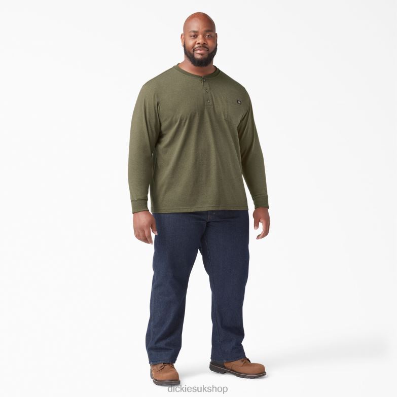 Long Sleeve Heathered Heavyweight Henley T-Shirt Men Dickies Military Green Heather (MLD) 88T84776 Apparel