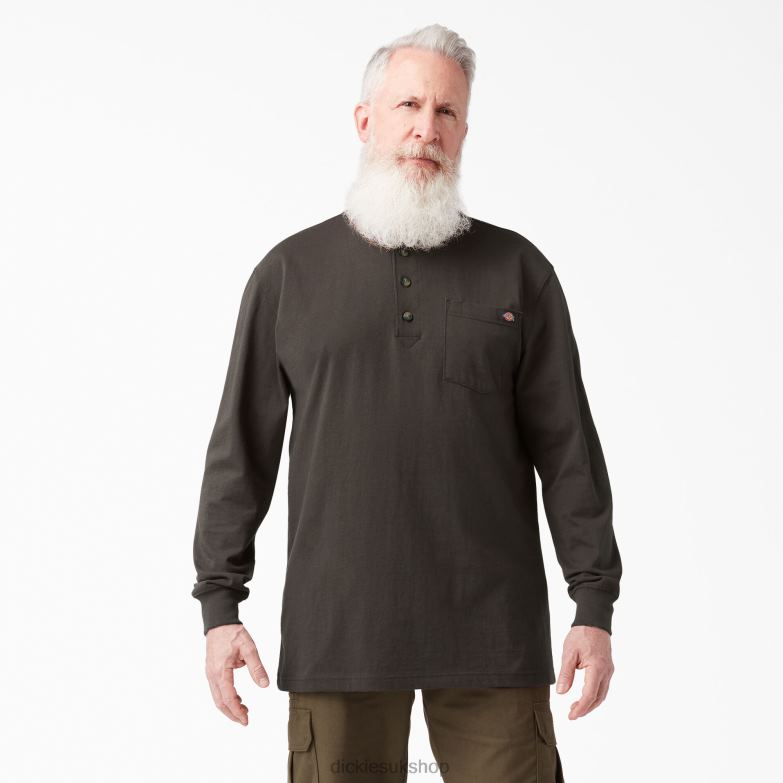 Long Sleeve Heavyweight Henley T-Shirt Men Dickies Chocolate Brown (CB) 88T84694 Apparel
