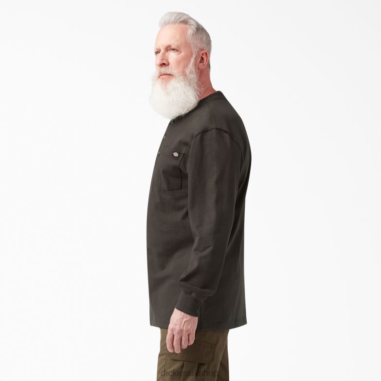 Long Sleeve Heavyweight Henley T-Shirt Men Dickies Chocolate Brown (CB) 88T84694 Apparel