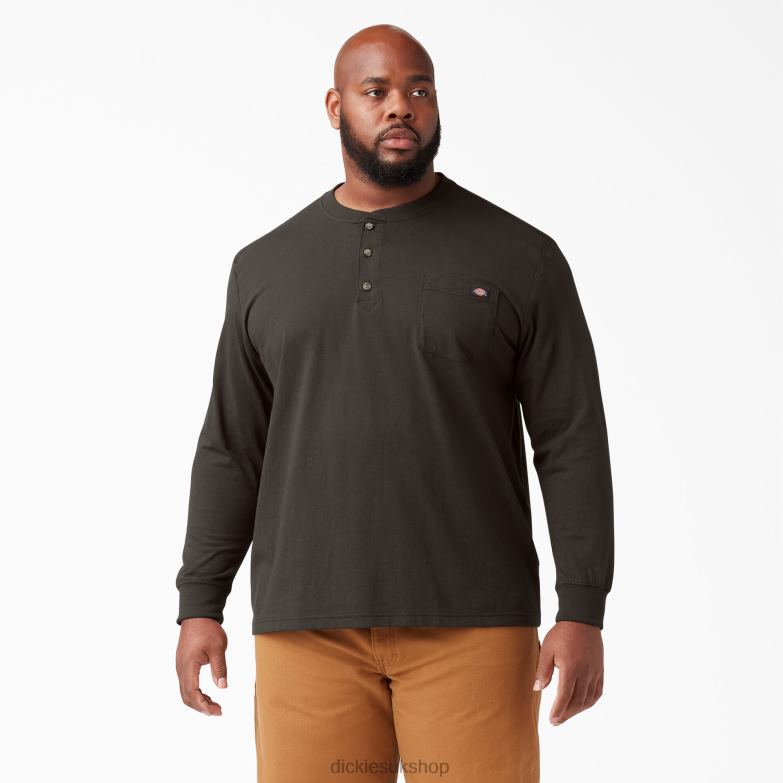 Long Sleeve Heavyweight Henley T-Shirt Men Dickies Chocolate Brown (CB) 88T84694 Apparel