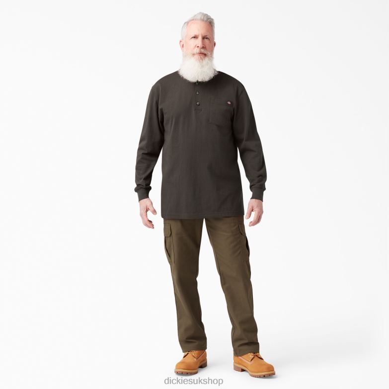 Long Sleeve Heavyweight Henley T-Shirt Men Dickies Chocolate Brown (CB) 88T84694 Apparel