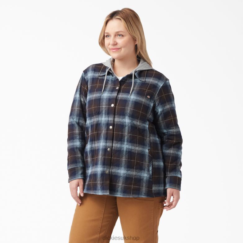 Plus Flannel Hooded Shirt Jacket Women Dickies Clear Blue/Brown Ombre Plaid (A1G) 88T842322 Apparel
