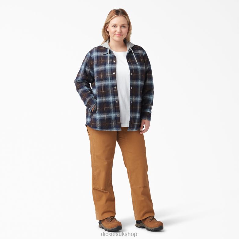 Plus Flannel Hooded Shirt Jacket Women Dickies Clear Blue/Brown Ombre Plaid (A1G) 88T842322 Apparel