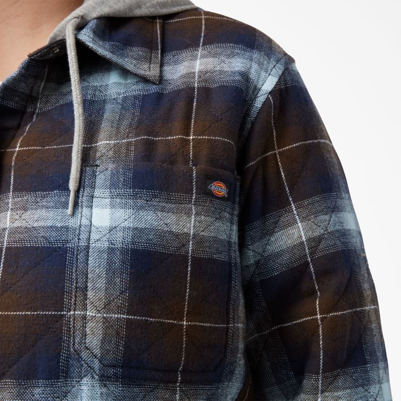 Plus Flannel Hooded Shirt Jacket Women Dickies Clear Blue/Brown Ombre Plaid (A1G) 88T842322 Apparel