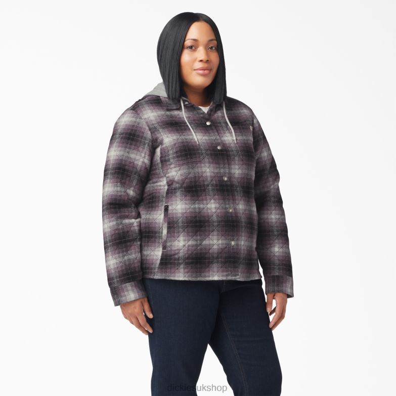 Plus Flannel Hooded Shirt Jacket Women Dickies Dusty Purple/Black Ombre Plaid (B1E) 88T842323 Apparel