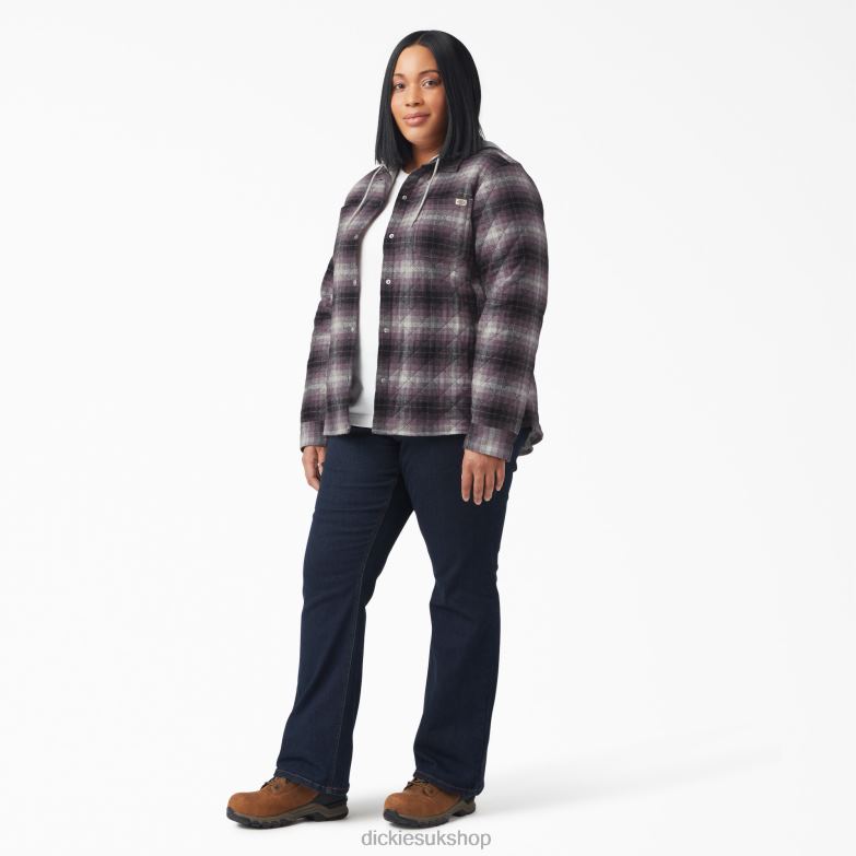 Plus Flannel Hooded Shirt Jacket Women Dickies Dusty Purple/Black Ombre Plaid (B1E) 88T842323 Apparel