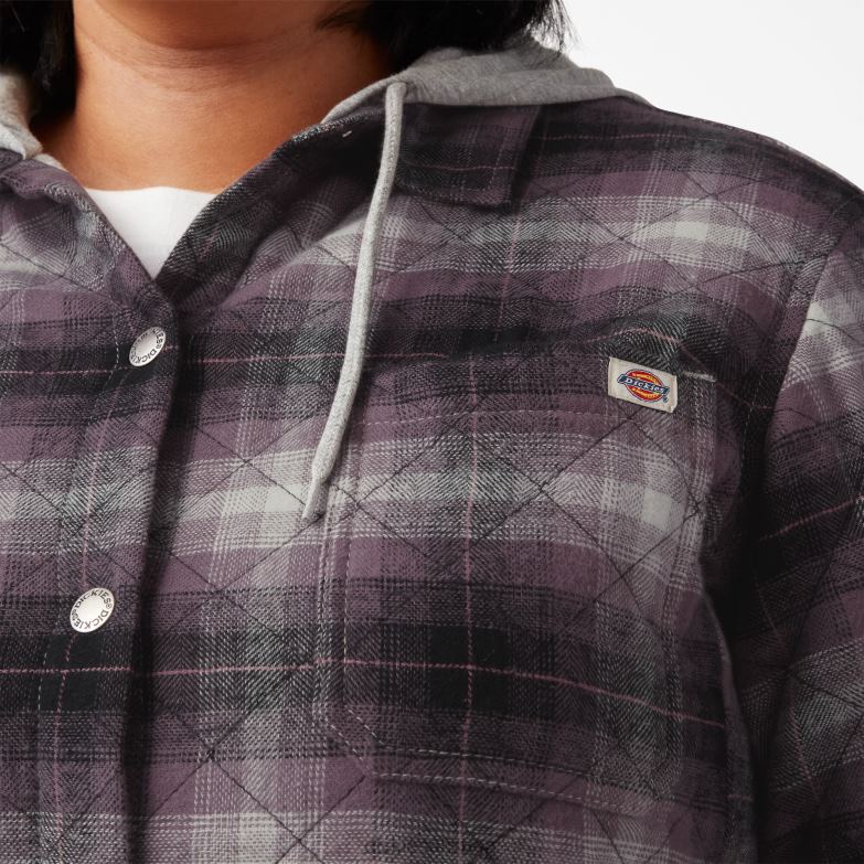 Plus Flannel Hooded Shirt Jacket Women Dickies Dusty Purple/Black Ombre Plaid (B1E) 88T842323 Apparel