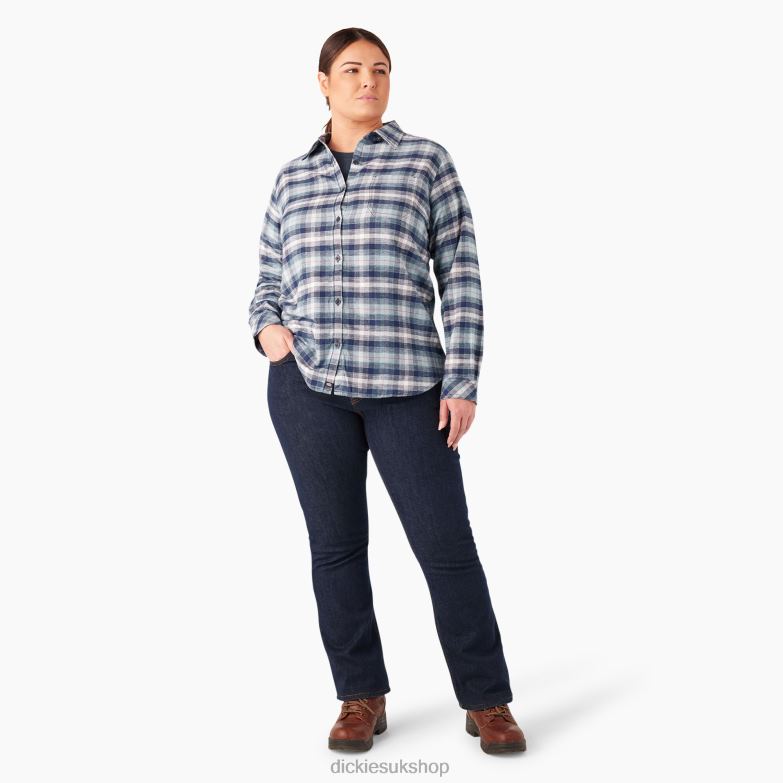Plus Long Sleeve Plaid Flannel Shirt Women Dickies Clear Blue/Navy Ombre Plaid (C1F) 88T842208 Apparel