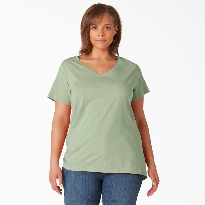 Plus Short Sleeve V-Neck T-Shirt Women Dickies Celadon Green (C2G) 88T842034 Apparel