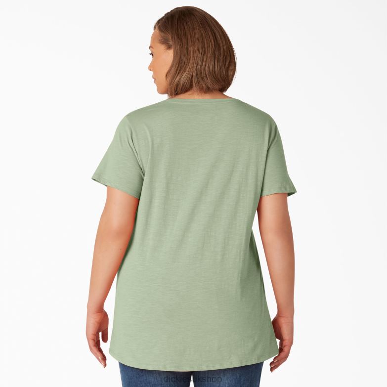 Plus Short Sleeve V-Neck T-Shirt Women Dickies Celadon Green (C2G) 88T842034 Apparel