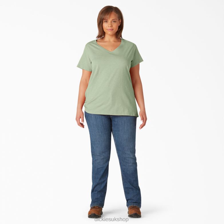 Plus Short Sleeve V-Neck T-Shirt Women Dickies Celadon Green (C2G) 88T842034 Apparel