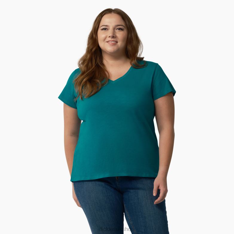 Plus Short Sleeve V-Neck T-Shirt Women Dickies Deep Lake (DL2) 88T842036 Apparel