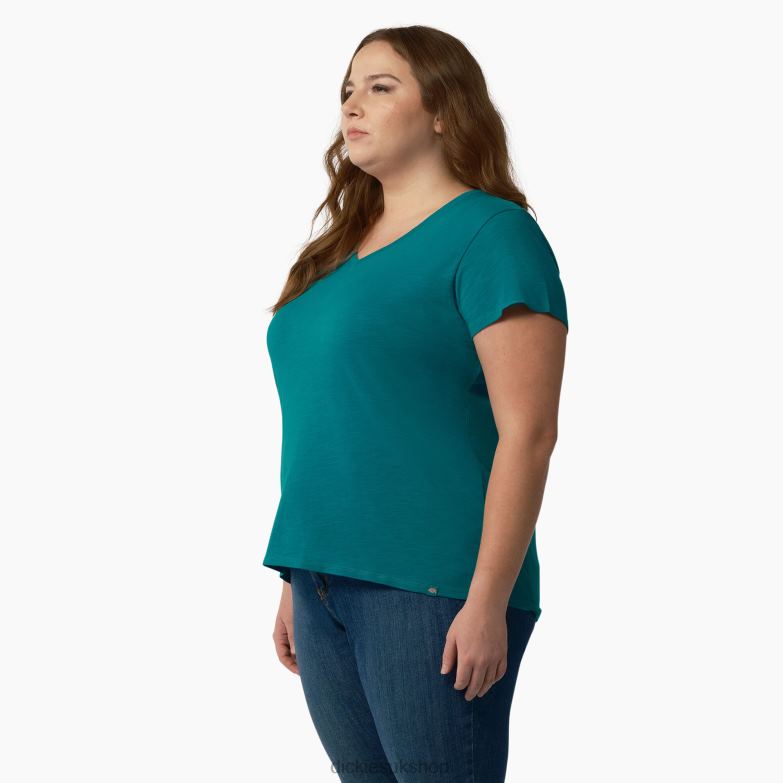 Plus Short Sleeve V-Neck T-Shirt Women Dickies Deep Lake (DL2) 88T842036 Apparel