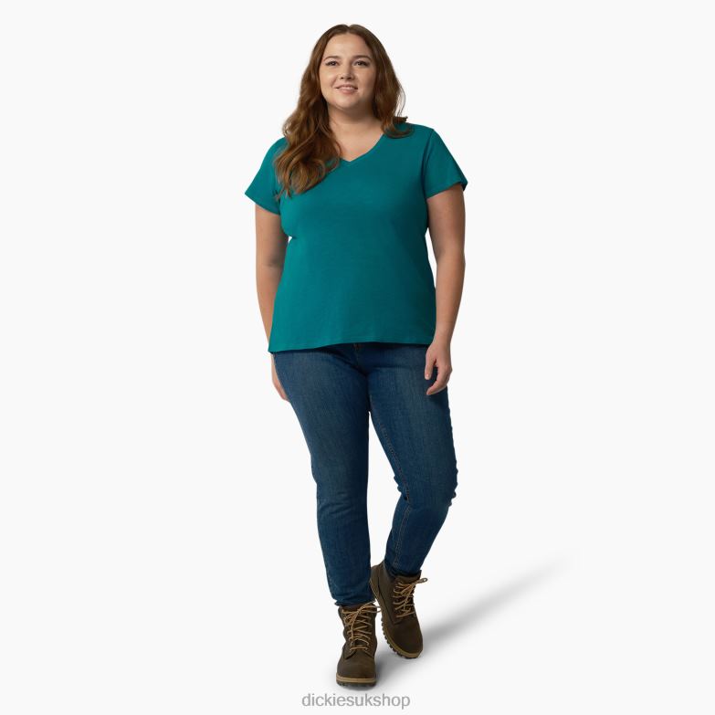 Plus Short Sleeve V-Neck T-Shirt Women Dickies Deep Lake (DL2) 88T842036 Apparel