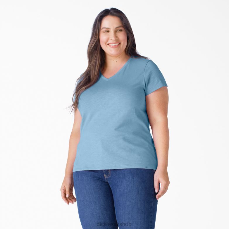 Plus Short Sleeve V-Neck T-Shirt Women Dickies Dusty Blue (DL) 88T842035 Apparel