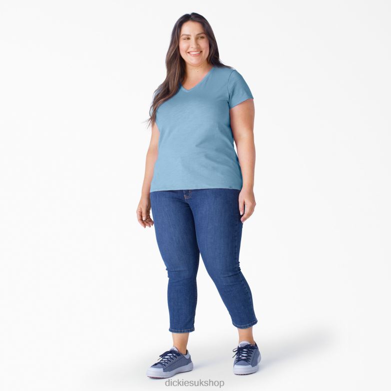 Plus Short Sleeve V-Neck T-Shirt Women Dickies Dusty Blue (DL) 88T842035 Apparel