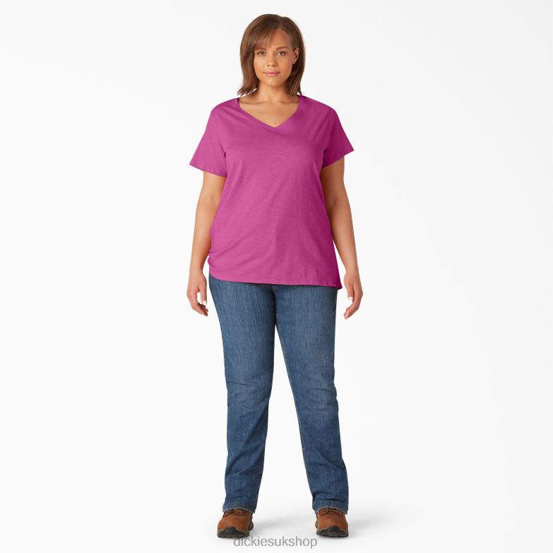 Plus Short Sleeve V-Neck T-Shirt Women Dickies Festival Fuchsia (F2F) 88T842037 Apparel