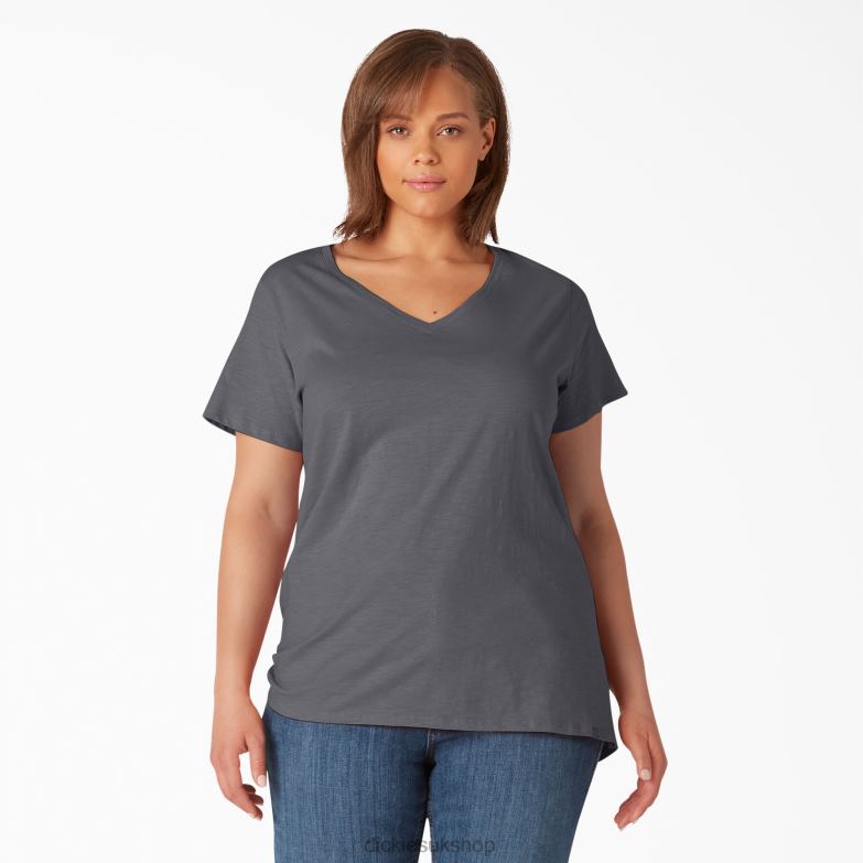 Plus Short Sleeve V-Neck T-Shirt Women Dickies Graphite Gray (GA) 88T842038 Apparel