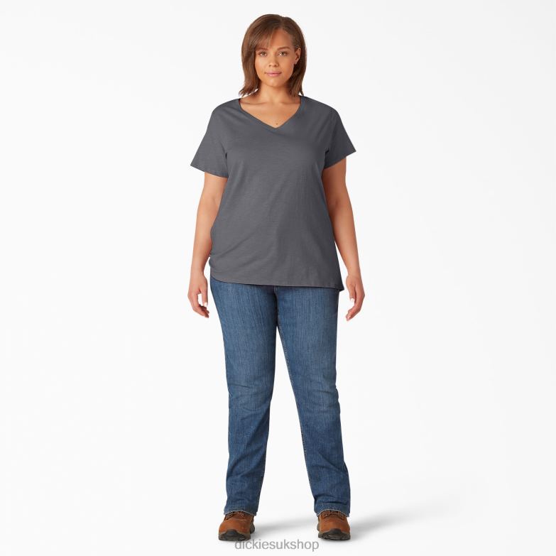 Plus Short Sleeve V-Neck T-Shirt Women Dickies Graphite Gray (GA) 88T842038 Apparel