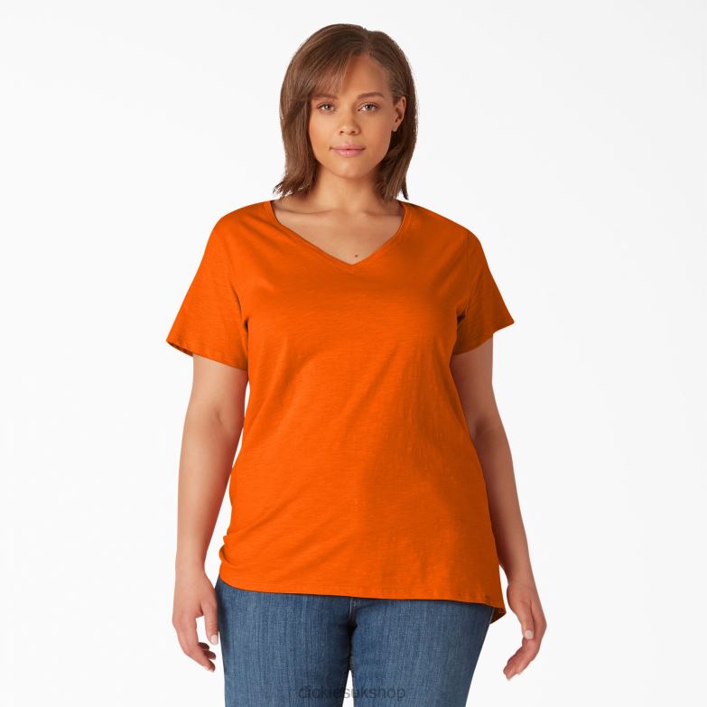 Plus Short Sleeve V-Neck T-Shirt Women Dickies Scarlet Ibis (S2S) 88T842040 Apparel