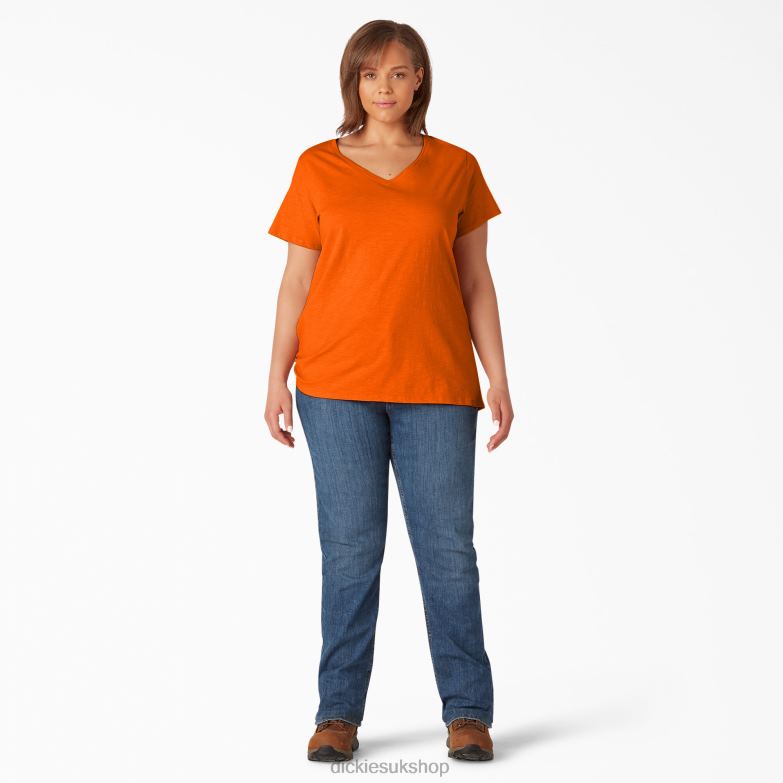 Plus Short Sleeve V-Neck T-Shirt Women Dickies Scarlet Ibis (S2S) 88T842040 Apparel