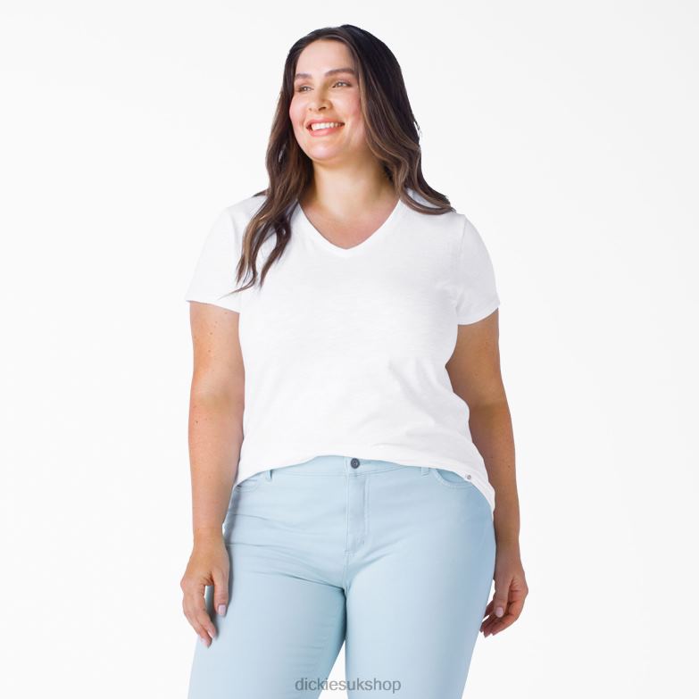 Plus Short Sleeve V-Neck T-Shirt Women Dickies White (WH) 88T842042 Apparel