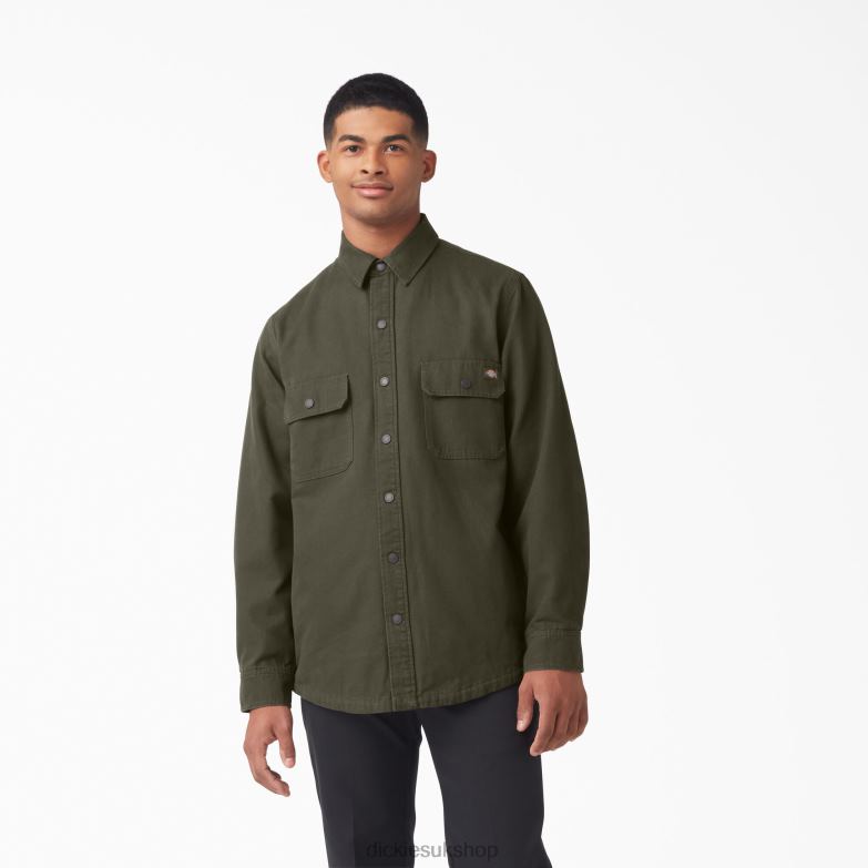 Long Sleeve Flannel-Lined Duck Shirt Men Dickies Military Green (ML) 88T84865 Apparel