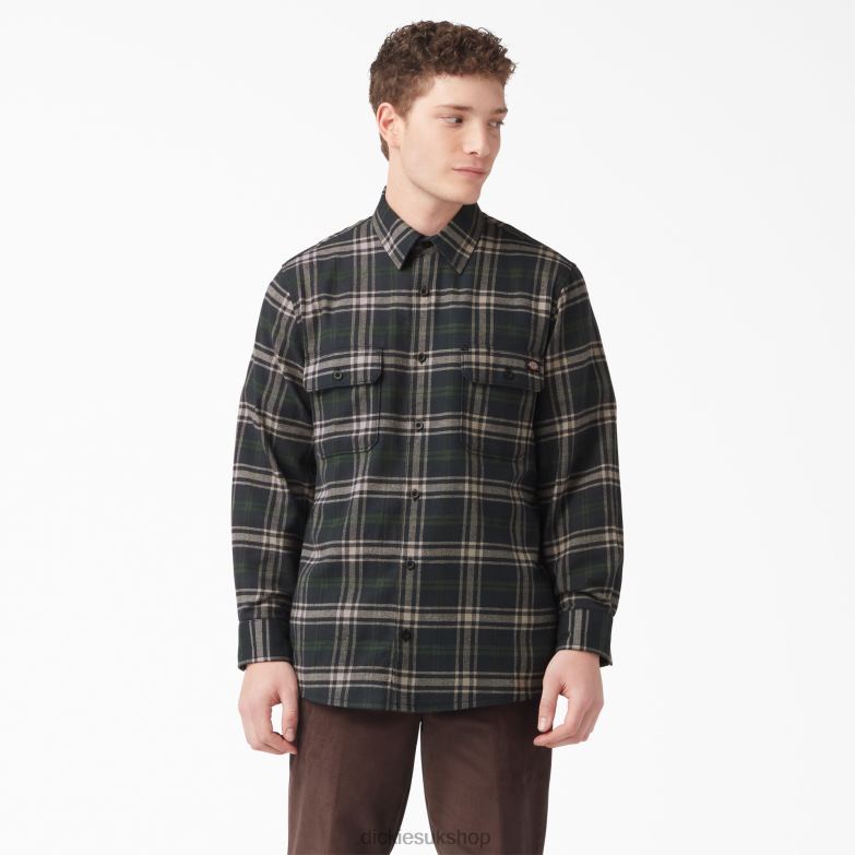 Long Sleeve Flannel Shirt Men Dickies Green/Black Plaid (NPG) 88T84781 Apparel