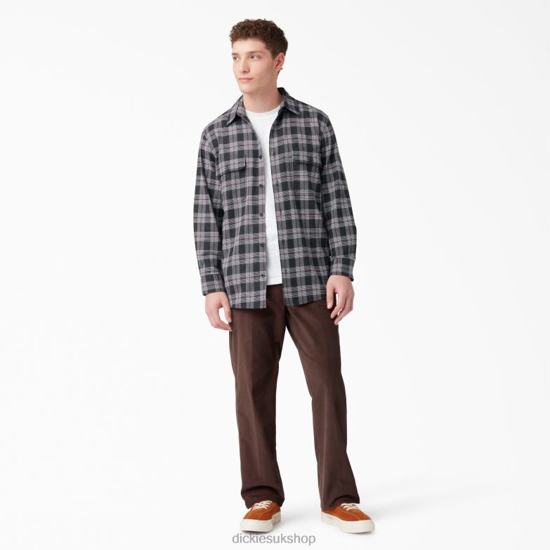 Long Sleeve Flannel Shirt Men Dickies Wine/Black Plaid (BPE) 88T84780 Apparel