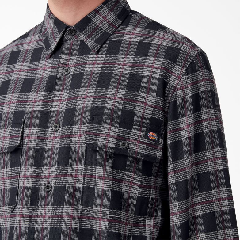 Long Sleeve Flannel Shirt Men Dickies Wine/Black Plaid (BPE) 88T84780 Apparel