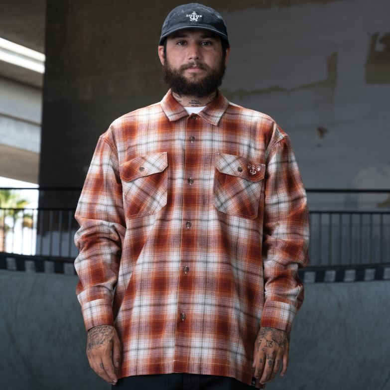 Ronnie Sandoval Brushed Flannel Shirt Men Dickies Burnt Ombre Plaid (OB2) 88T84729 Apparel