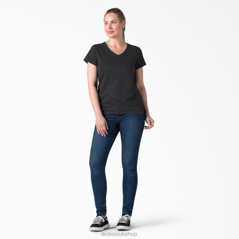 Short Sleeve V-Neck T-Shirt Women Dickies Black (KBK) 88T842065 Apparel