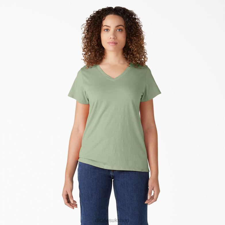 Short Sleeve V-Neck T-Shirt Women Dickies Celadon Green (C2G) 88T842060 Apparel