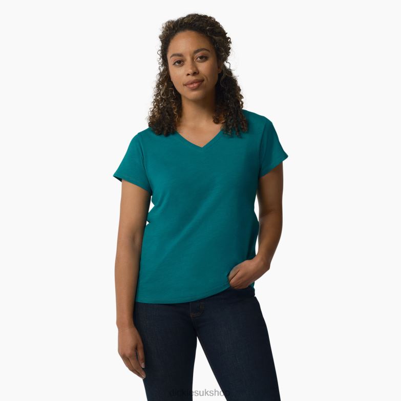 Short Sleeve V-Neck T-Shirt Women Dickies Deep Lake (DL2) 88T842062 Apparel