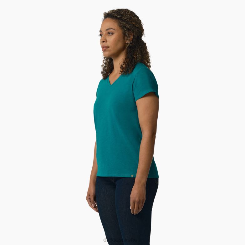 Short Sleeve V-Neck T-Shirt Women Dickies Deep Lake (DL2) 88T842062 Apparel