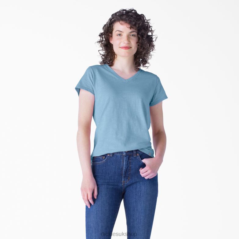 Short Sleeve V-Neck T-Shirt Women Dickies Dusty Blue (DL) 88T842061 Apparel